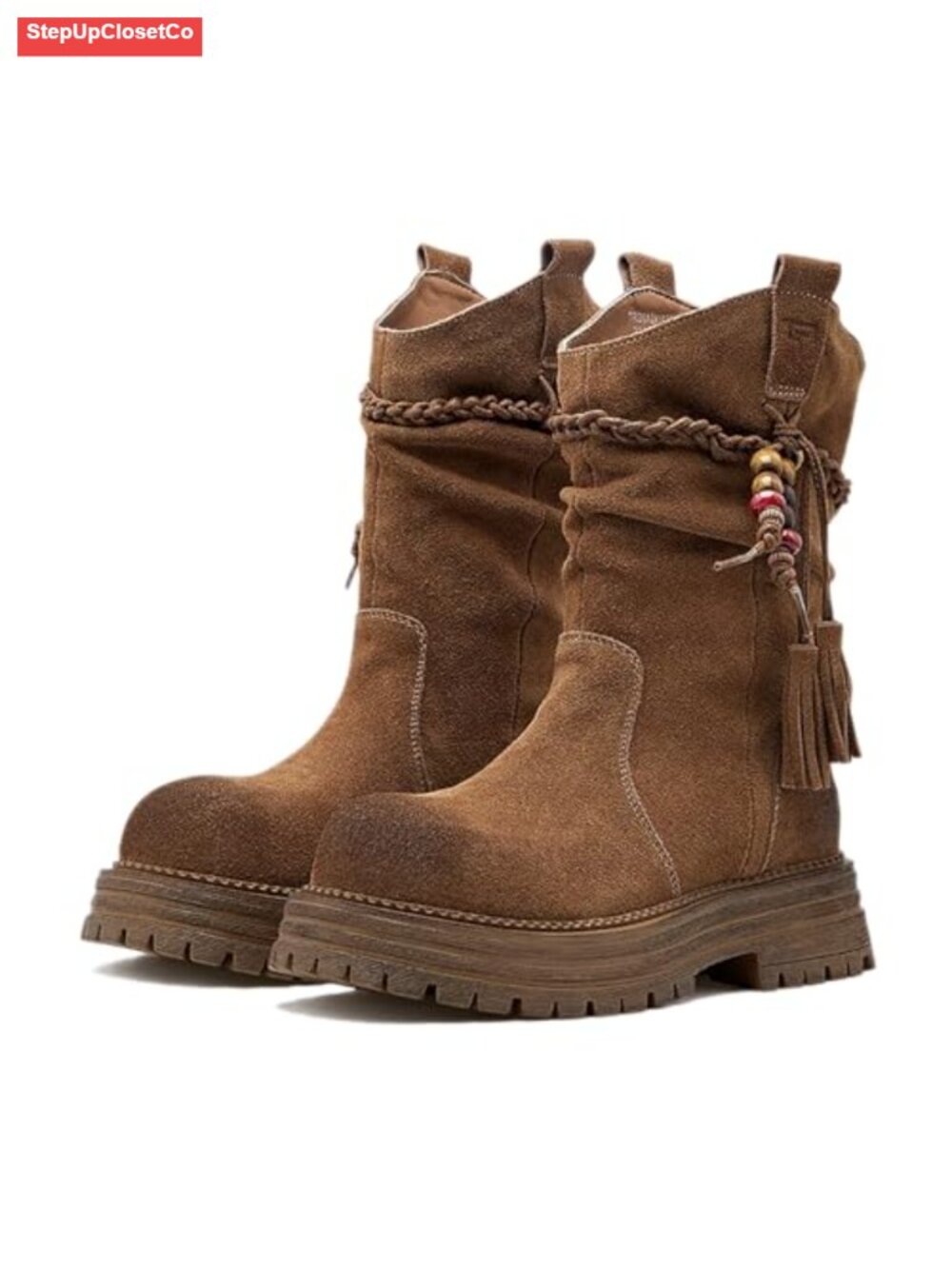 Suede Braided Fringe Strap Platform Chunky Heel Mid-Calf Boots